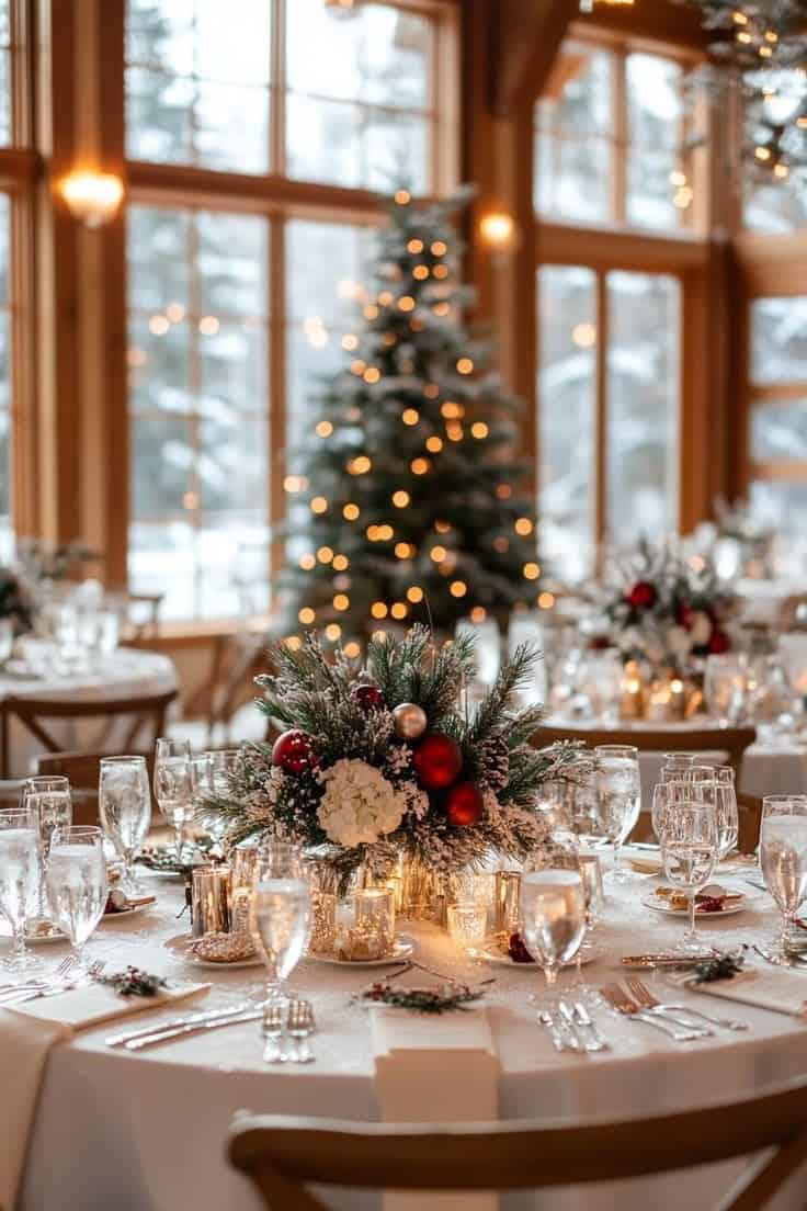 38e2b52948df3ab9caf8dda4e7ad2325 - metroConnections A festive table with a holiday centerpiece. There's a Christmas tree in the background, providing holiday cheer with its lights.