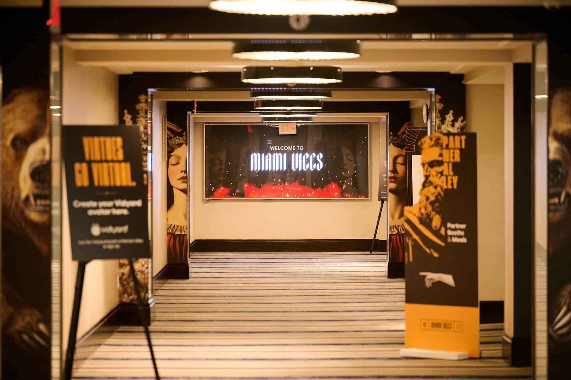 251028_SR25_Day2__161 - metroConnections Photo of a hallway in a hotel that has been branded with a Miami Vices theme.